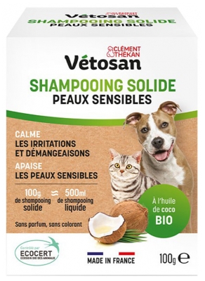 Clément Thékan Vétosan Shampoo Solido Biologico Pelle Sensibile per Cani e Gatti 100 g