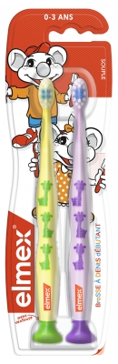 Elmex 2 Toothbrushes Beginner Soft 0-3 Years Old - Colour: Yellow and Purple