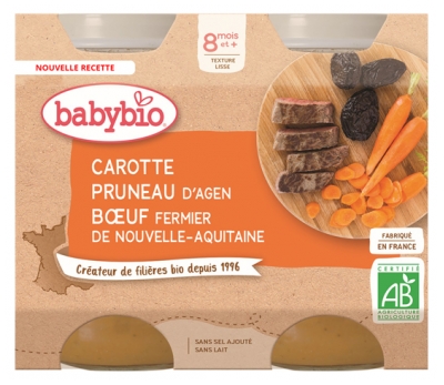 Babybio Carota Agen Prune Manzo di Fattoria Della Nuova Aquitania 8 Mesi e + Biologico 2 Vasetti da 200 g