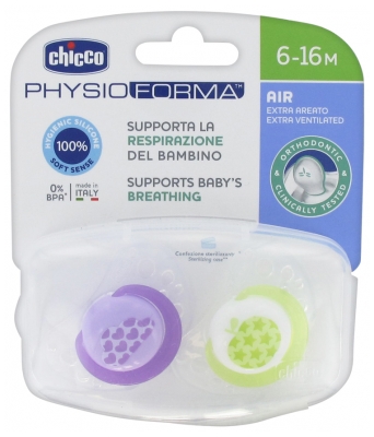 Chicco Physio Forma Air 2 Sucettes Silicone 6-16 Mois - Modèle : Nuage Violet et Pomme Jaune