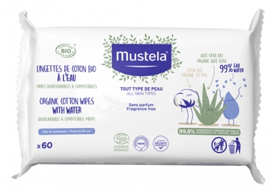 Mustela Lingettes de Coton Bio à l'Eau 60 Lingettes