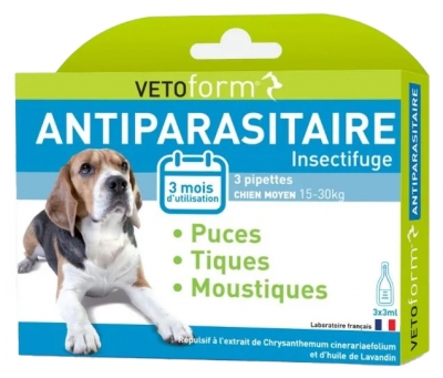 Vetoform Antiparasitar Câine Mediu 15-30 Kg 3 Pipete