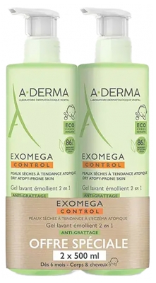 A-DERMA Exomega Control Anti-Scratching 2in1 Emollient Cleansing Gel 2 x 500ml