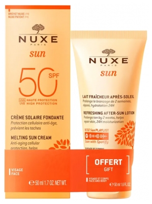 Nuxe Sole Crème Solaire Fondante Visage SPF50 50 ml + Lait Fraîcheur Après-Soleil Visage et Corps 50 ml Offerta