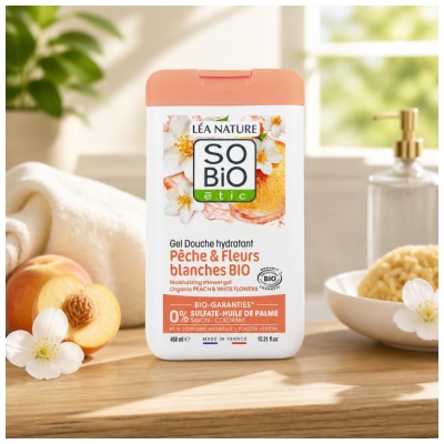 Léa Nature SO BIO étic Gel Douche Hydratant Pêche & Fleurs Blanches Bio 450 ml