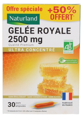 Naturland Gelée Royale 2500 mg Bio 20 Ampoules + 10 Ampoules Offertes