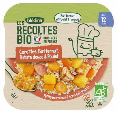 Blédina Les Récoltes Bio Carottes Butternut Patate Douce & Poulet dès 12 Mois Bio 230 g