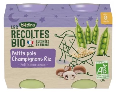 Blédina Les Récoltes Bio Petits Pois Champignons Riz dès 8 mois Bio 2 Pots