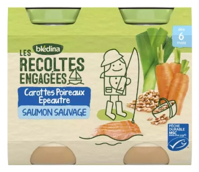 Blédina Les Récoltes Engagées Carottes Poireaux Epeautre Saumon Sauvage dès 6 Mois 2 Pots