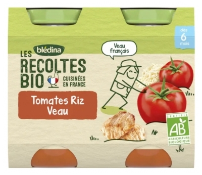 Blédina Les Récoltes Bio Tomates Riz Veau dès 6 Mois Bio 2 Pots