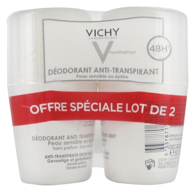 Vichy Déodorant Anti-Transpirant 48H Peaux Sensibles ou Epilées Roll-On Lot de 2 x 50 ml