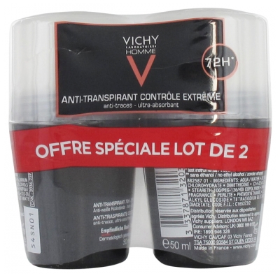 Vichy Homme Déodorant Anti-Transpirant 72H Contrôle Extrême Roll-On Lot de 2 x 50 ml