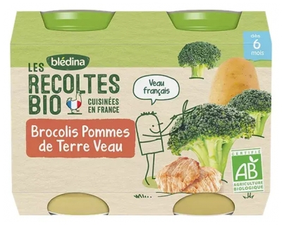 Blédina Les Récoltes Bio Brocolis Pommes de Terre Veau dès 6 Mois Bio 2 Pots