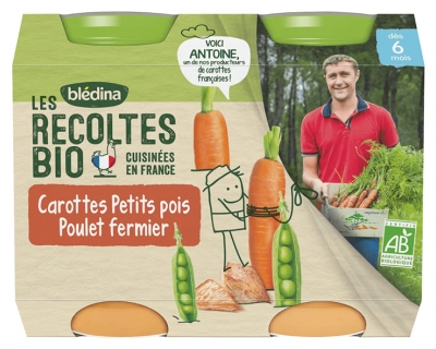 Blédina Les Récoltes Bio Carottes Petits Pois Poulet Fermier Dès 6 Mois Bio 2 Pots