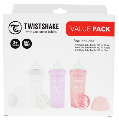 Twistshake Anti-Colique M 260 ml 2 Mois et + Pack 3 Biberons - Couleur : Rose - Blanc - Violet