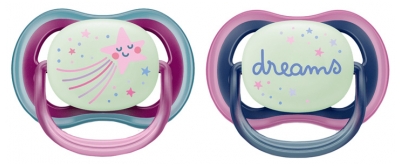 Avent Ultra Air Nighttime 2 Sucettes Orthodontiques 6-18 Mois - Couleur : Bleu et Rose