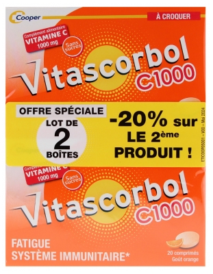 Vitascorbol C1000 Lot de 2 x 20 Comprimés à Croquer Offre Spéciale