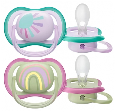 Avent Ultra Air 2 Sucettes Orthodontiques Silicone avec Motif 0-6 Mois - Modèle : Soleil et Arc-en-Ciel Bleu