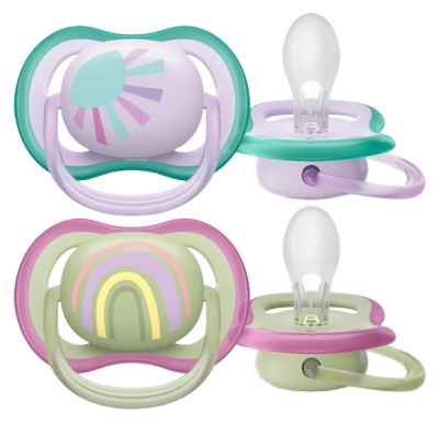 Avent Ultra Air 2 Sucettes Orthodontiques Silicone avec Motif 0-6 Mois - Modèle : Soleil et Arc-en-Ciel Mauve