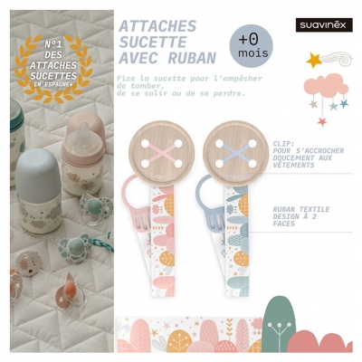 Suavinex Attache-Sucette Ruban 0 Mois et + - Couleur : Bleu