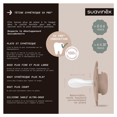 Suavinex Sucette Réversible avec Tétine Symétrique SX Pro 6 à 18 Mois - Modèle : Brun