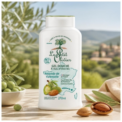 Le Petit Olivier Suihkugeeli luomu oliivivedellä ja Valensole-mantelilla 270 ml