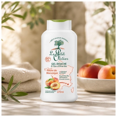 Le Petit Olivier Gel za prhanje z bio oljčno vodo in breskvijo iz Manosque 270 ml