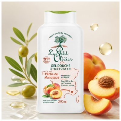 Le Petit Olivier Gel za prhanje z bio oljčno vodo in breskvijo iz Manosque 270 ml