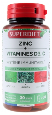 Superdiet Zinc + Vitamines D3, C 60 Gélules