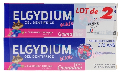 Elgydium Kids Dentifricio Gel Protezione Carie 3/6 Anni 2 x 50 ml - Aroma: Grenadine