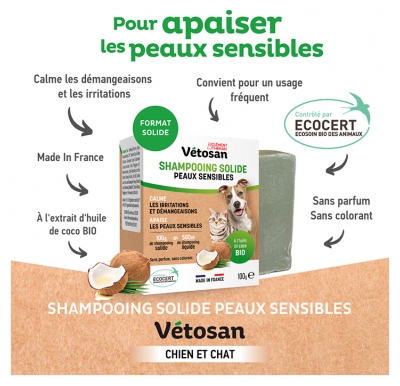 Clément Thékan Vétosan Shampoing Solide Peaux Sensibles Chiens et Chats Bio 100 g