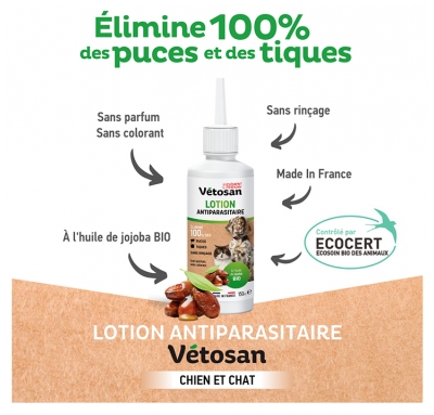 Clément Thékan Vétosan Lotion Antiparasitaire Sans Rinçage pour Chiens et Chats Bio 150 ml