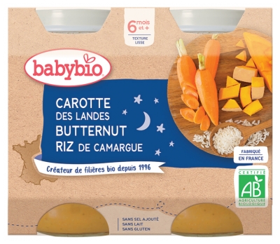 Babybio Good Night Carrot Butternut Rice 6 Months and + Organic 2 Jars of 200g