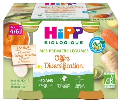 HiPP Mes Premiers Légumes Diversification dès 4/6 Mois Bio 4 Pots - Saveur : Carottes, Carottes blanches, Panais, Poireaux