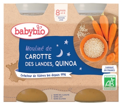 Babybio Good Night Ground Carrot & Quinoa 8 Months and + Organic 2 Jars of 200g