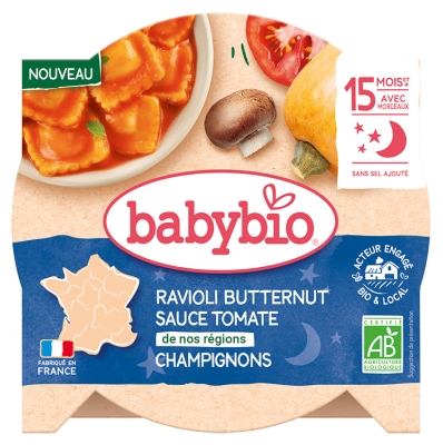Babybio Raviolis de Butternut Salsa de Tomate y Champiñones A Partir de 15 Meses BIO 190 g