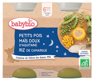 Babybio Bonne Nuit Petits Pois Maïs Doux Riz 6 Mois et + Bio 2 Pots de 200 g