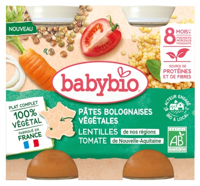 Babybio Pasta Boloñesa Vegana Lentejas Tomate 8 Meses y + Ecológica 2 x 200g Tarrinas