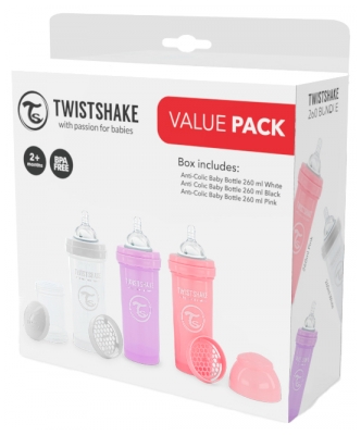 Twistshake Anti-Colic M 260 ml 2 Months and + Pack 3 Feeding Bottles - Colour: Pink - White - Violet