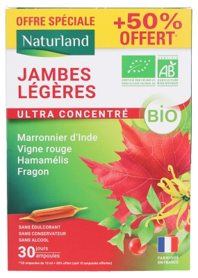 Naturland Jambes Légères Ultra Concentré Bio 20 Ampoules + 10 Offertes