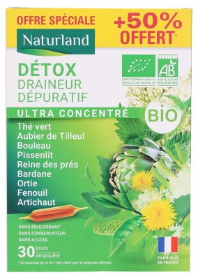 Naturland Détox Draineur Dépuratif Ultra Concentré Bio 20 Ampoules + 10 Offertes