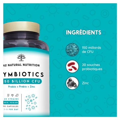 N2 Natural Nutrition Symbiotics 150 Probiotiques Prébiotiques et Zinc 60 Capsules