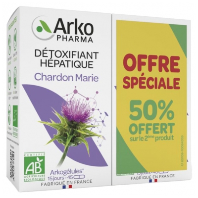 Arkopharma Arkogélules Détoxifiant Hépatique Chardon Marie Bio Lot de 2 x 45 Gélules Offre Spéciale