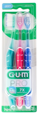 GUM PRO Trio Pack de Cepillos Dentales Triples - Color: Verde - Rosa - Azul
