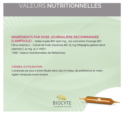 Biocyte Gelée Royale 1500 mg + Acérola Bio 20 Ampoules