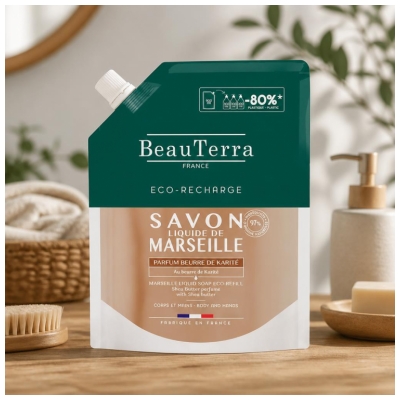 BeauTerra Savon Liquide de Marseille Beurre de Karité Éco-Recharge 900 ml