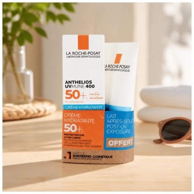 La Roche-Posay Anthelios UVmune 400 Drėkinamasis kremas SPF50+ 50 ml + Anthelios UV spinduliuotės poveikio po pienelis 75 ml Dovanų