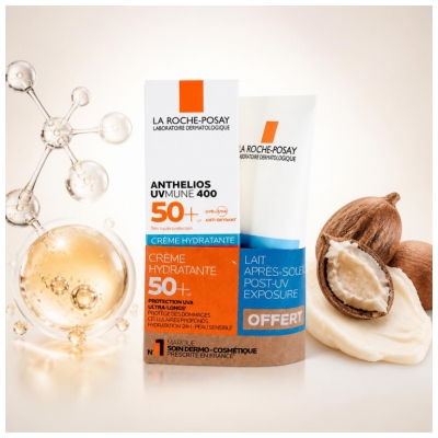 La Roche-Posay Anthelios UVmune 400 Drėkinamasis kremas SPF50+ 50 ml + Anthelios UV spinduliuotės poveikio po pienelis 75 ml Dovanų