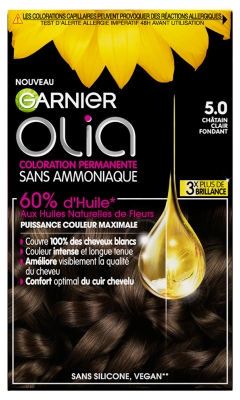 Garnier Olia Coloration Permanente Sans Ammoniaque 120 g - Couleur : 5.0 Châtain Clair Fondant