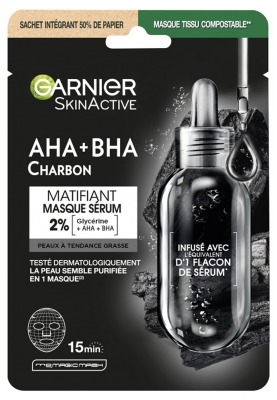Garnier SkinActive Mascarilla de Tejido de Carbón AHA + BHA Serum Matificante 28 ml
